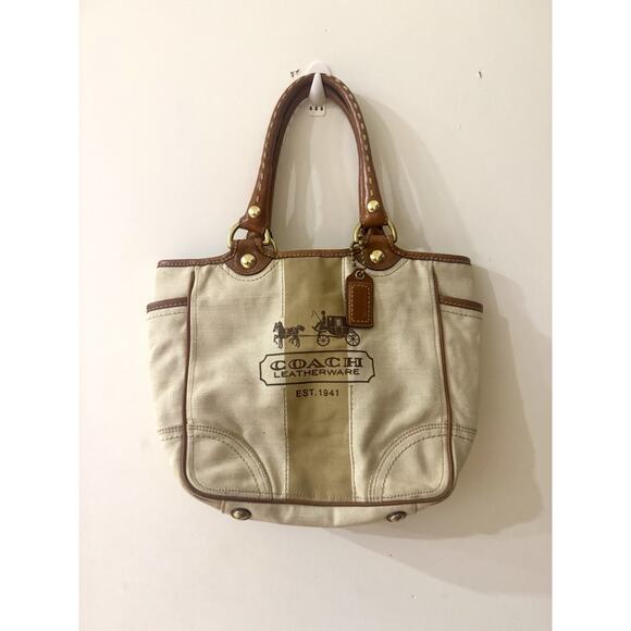 Coach Heritage Bleaker Canvas 1941 Carriage Leatherworks Tote Stripe tattersall - Picture 2 of 16